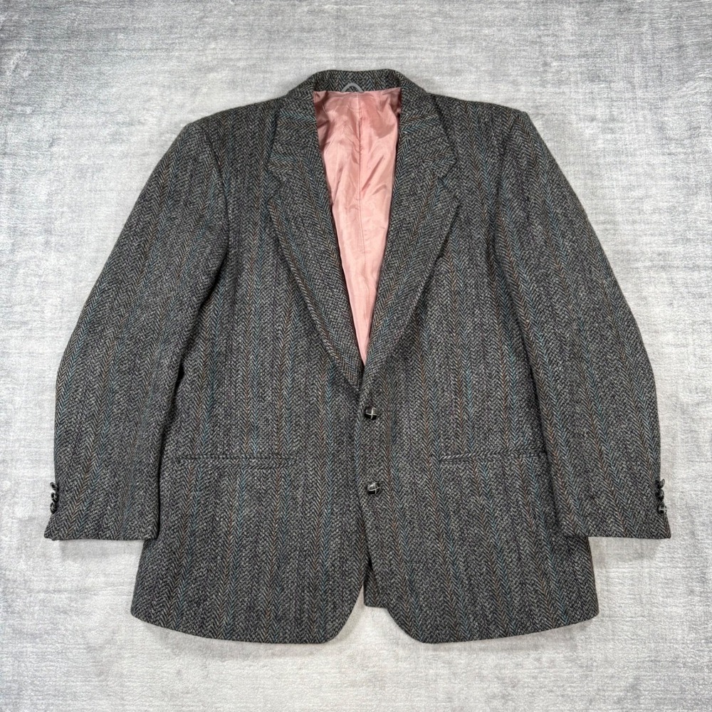 Sears Harris Tweed Blazer Mens Large Grey Vintage Herringbone Wool Sport Coat